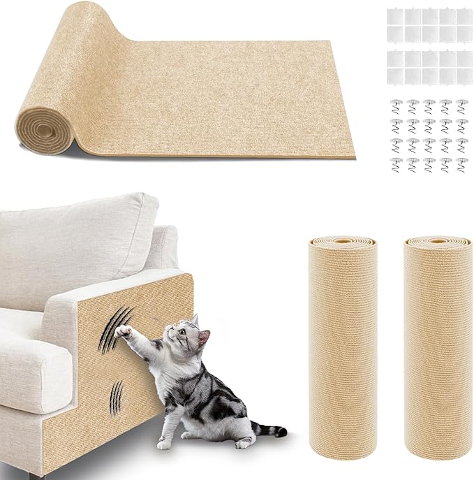Cat Scratch Furniture Protector, 2PCS 39.4"x15.8" Self-Adhesivet Scratch Mats Deterrent for Furniture, DIY Climbing Cat Scratcher Couch Protector from Cat Claws (Khaki)