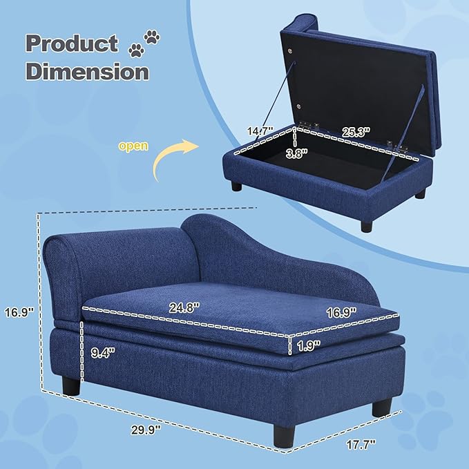 30" L Pet Sofa with Hidden Storage 30lbs, Dog Couch for Small-Sized Dogs and Cats, Soft Tufted Cushion, Blue