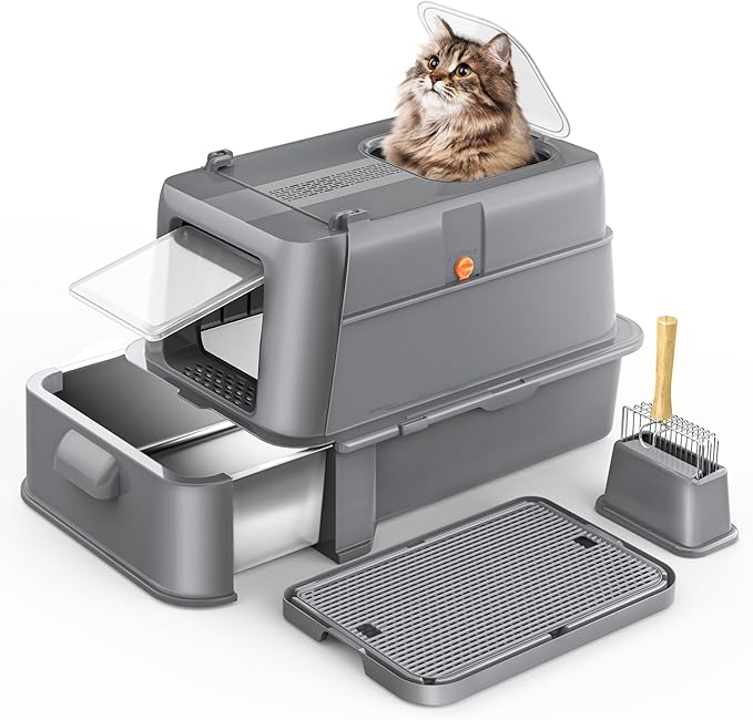 Enclosed Stainless Steel Cat Litter Box with Lid，XL Large Metal Cat Box with Drawer for Big Cats,Top Exit Kitty Litter Box Includes Scoop, Filter Pedal,Odor Control, Easy Cleaning