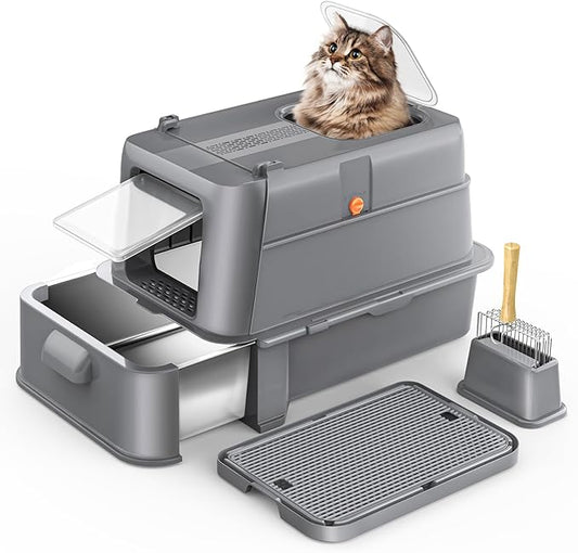 Enclosed Stainless Steel Cat Litter Box with Lid，XL Large Metal Cat Box with Drawer for Big Cats,Top Exit Kitty Litter Box Includes Scoop, Filter Pedal,Odor Control, Easy Cleaning