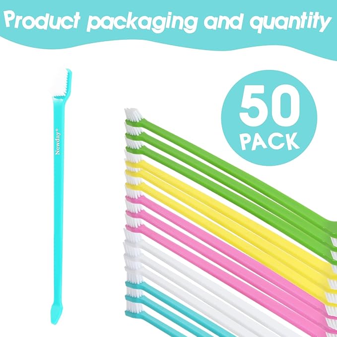 50 Pack Dual Ended Long Dog & Cat Toothbrush, Pet Safe Super Soft Bristles for Pet Dog Puppy Kitten Dental & Oral Care Teeth & Gums, Pet toothbrushes in Box, Bulk Individual polybag (Colorful)