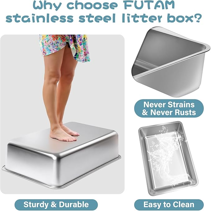 Stainless Steel Litter Box, 17.7"x13.8"x6" Large Metal Litter Box for Kitty/Cat/Rabbits, Easy to Clean, Non Stick Litterbox No Smell for Adult Cats