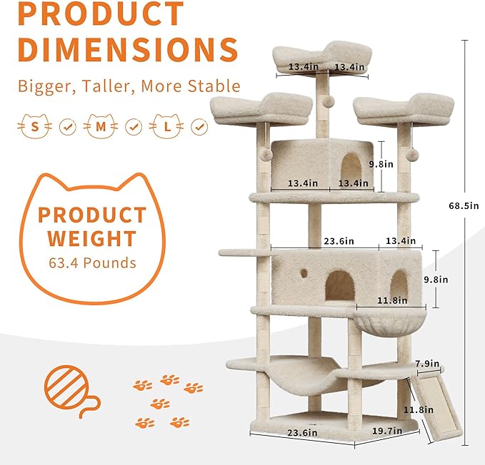 68.5 Inch Multi-Level Cat Tree, Plush Cat Tower with Condo/Sisal Scratching Posts/Hammocks/Basket/Dangling Ball/Platform, Heavy Duty Cats Tree to Play and Sleep, 2604#Beige