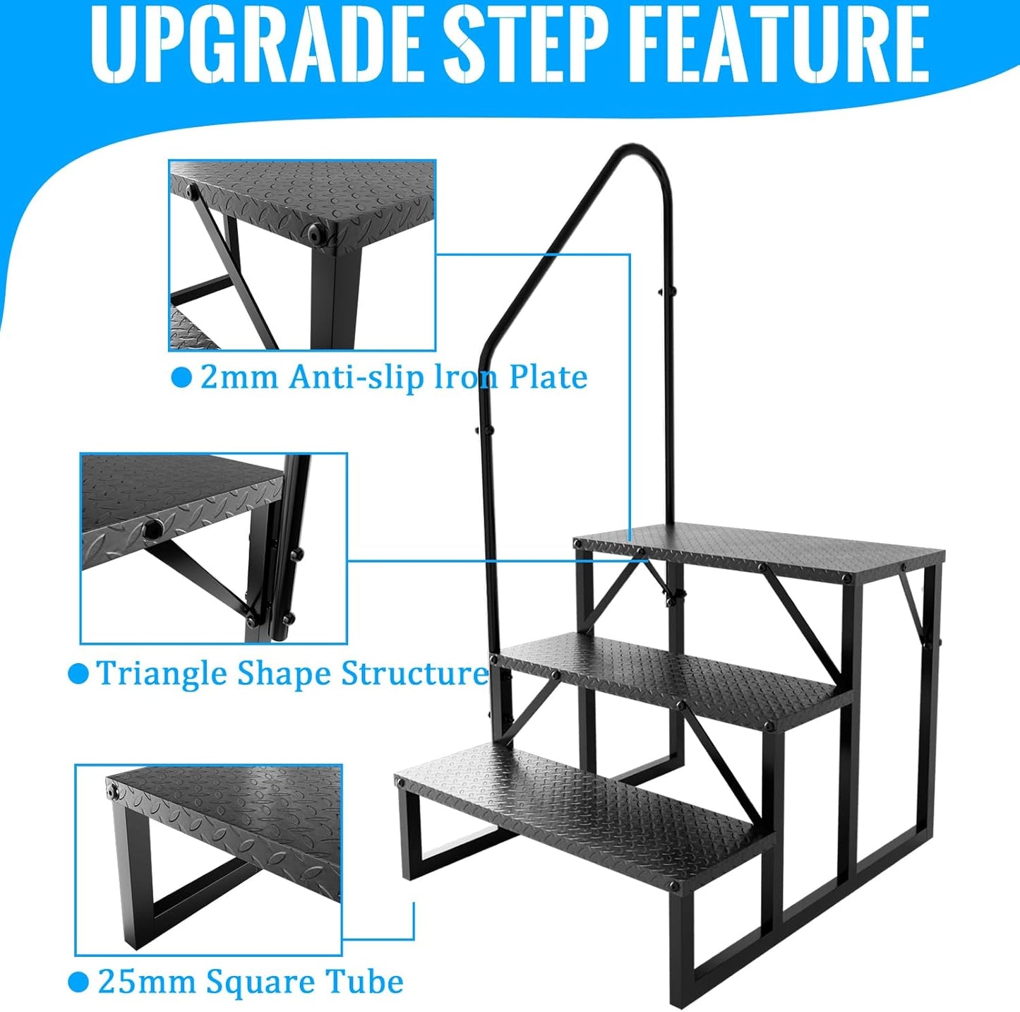 RV Step Stool, 3 Step Ladder, Hot Tub Steps with Handrail, Portable Pool Ladder, 660Lbs Heavy Duty Ladder Shelf Outdoor Mobile Home Stairs for Camper/Porch/SPA Pool/Pet Stairs(1 Pack)