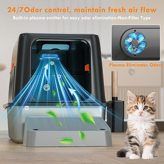 Smart Odor Control Stainless Steel Litter Box,160° Flip-Top Extra Large Cat Litter Box,Safety Protection,for Big Cats&Multiple Cats,with cat Litter Spoon and footrest,Anti-Leakage, Non-Sticky