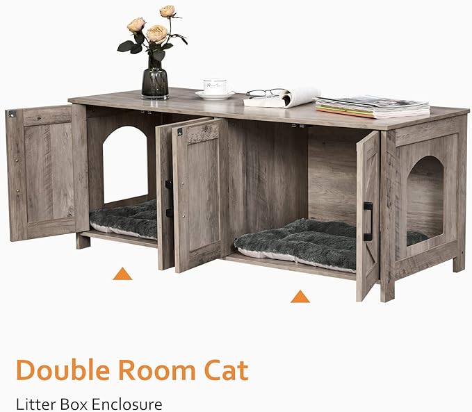 Homhedy Cat Litter Box Enclosure for 2 Cats, Litter Box Furniture Hidden with Double Room,Wooden Cat Washroom Furniture,Cat House,47.2”L x 19.7”W x 19.7”H,Greige