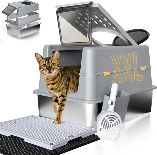Stainless Steel Litter Box with Lid, XXL Extra Large Metal Cat Litter Boxes for Big Cats Enclosed, Easy to Scoop with Litter Scoop Set, High Sides Enclosure Anti-Urine Leakage Non-Sticky, Grey