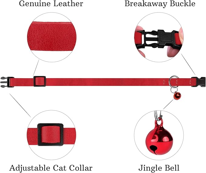 Breakaway Cat Collar Leather with Removable Bell - 13 Colors Available - Soft Adjustable Girl Boy Safety Lightweight Pet Kitten Collars Pink Brown Blue Green Red Orange Black (Red)