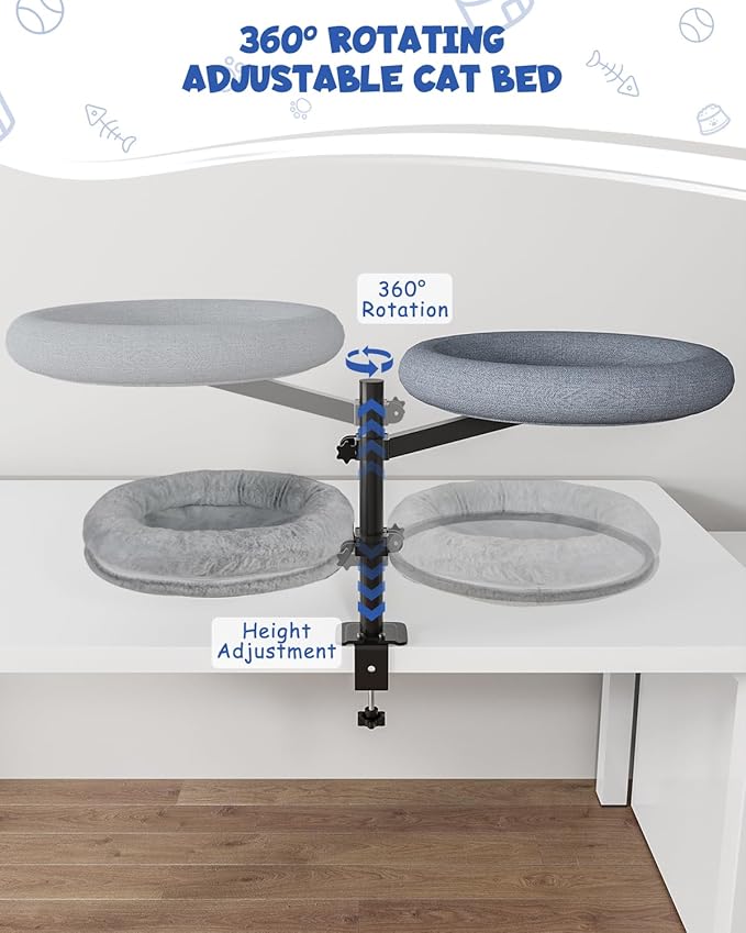 Double Cat Desk Bed, 360° Rotating Elevated Desk Cat Bed, Adjustable Raised Desk Kitten Bed Up to 80 LBS, Washable Soft Fabric Pet Desks Nest Beds, Cat Hammock Wall Mounted for Office and Game Tables