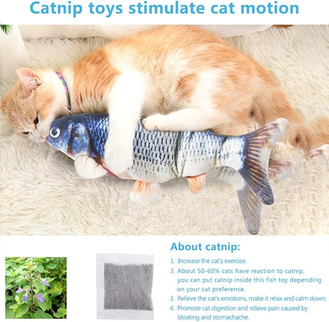 Tocirelo Cat Toys Flopping Fish with Catnip, Moving Cat Toy Interactive for Indoor Cats, Kitten Kicker Floppy Dog Toy, 11" Electric Realistic Plush Wiggle Fish for Kitty Exercise