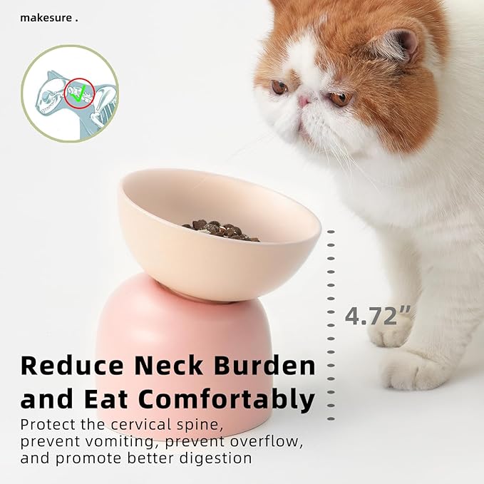 MS!MAKE SURE Cat Bowls, Ceramic Elevated Tilted Cat Bowls, Food and Water Bowls, Whisker Stress Free, 15°Tilted Backflow Prevention, Lead & Cadmium Free, 5.5" Wide, 270ML (9 oz), Blue