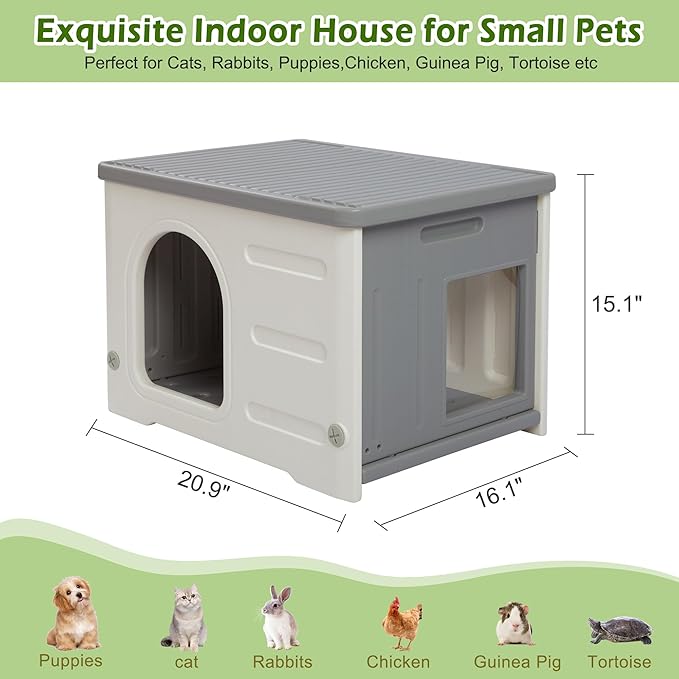 Deblue Plastic Cat House for Indoor & Outdoor, Waterproof Feral Cat House with Escape Door, Sturdy Pet Shelter for Cats, Puppy, Rabbit, Easy to Assemble and Clean-Grey