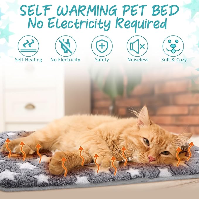 2 Pack Self Warming Cat Mat Self Heating Pad Bed Reversible Machine Washable Reflects Body Heat Warm Thermal Pet Pad Crate Blanket for Feral and Indoor Cat(Star,22'' X 18'')