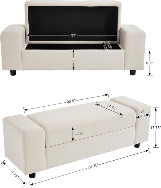 Storage Ottoman Bench,55 Inch End of Bed Linen Bench with Large Storage for Bedroom/Living Room/Entryway/Closet(Beige)