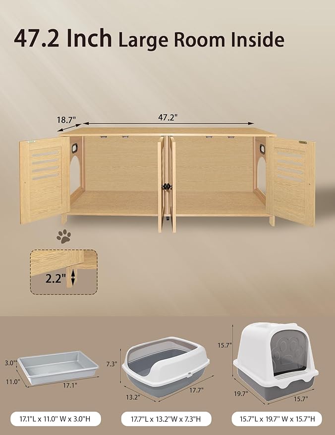 DINZI LVJ Litter Box Enclosure for 2 Cats, Hidden Litter Box Furniture with Double Rooms, Dual Pet House with Good Ventilation, 47.2" Hidden Cat Washroom, Wooden Cabinet, Easy Assembly, Natural