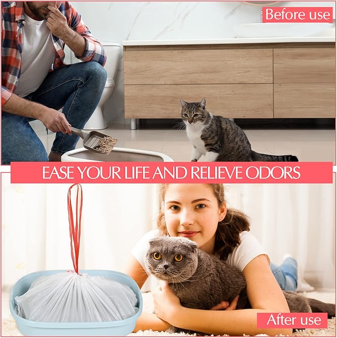 56 Count Sifting Cat Litter Bags Jumbo Thick Cat Litter Box Liners with Holes Disposable Extra Large Feline Pan Liners with Drawstring Scratch Resistant Quick Clean for Kitty Litter Box,36 x 18 Inch