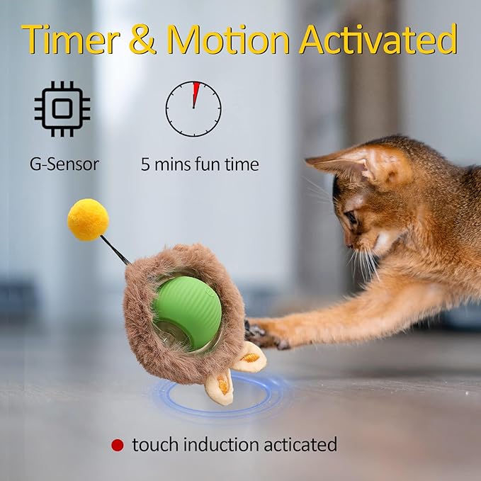 Interactive Cat Toy Ball for Indoor Cats, 2025 New Fast Self Rolling Ball Cat Toy on Carpet, Smart Interactive Automatic Cat Toy Ball for Gifts for Indoor Cats, Moving Cat Toy Ball-Plush Style(Green)