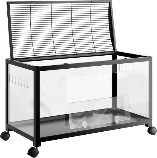 Large Metal Hamster Enclosure Rat Cage with 360 Viewing Acrylic Sides, Ventilated Front Door & Openable Top, Portable Hamster Tank for Guinea Pig, Chinchilla, Gerbil, 37.8''Lx18.5''Wx20''H Black