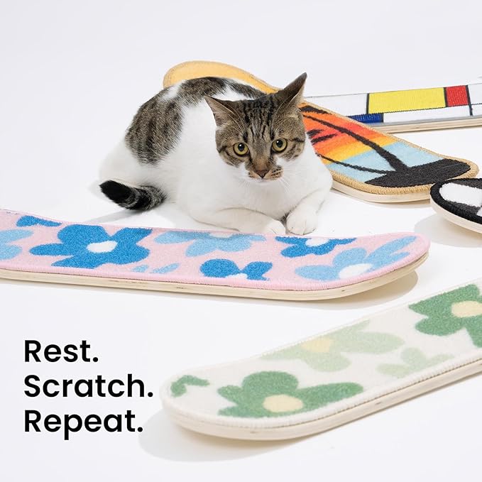 Wall Mounted Cat Scratching Board Skateboard Style (24"x6") - Reusable Wooden Board + Replaceable Cat Scratcher Map with Mounted Setup