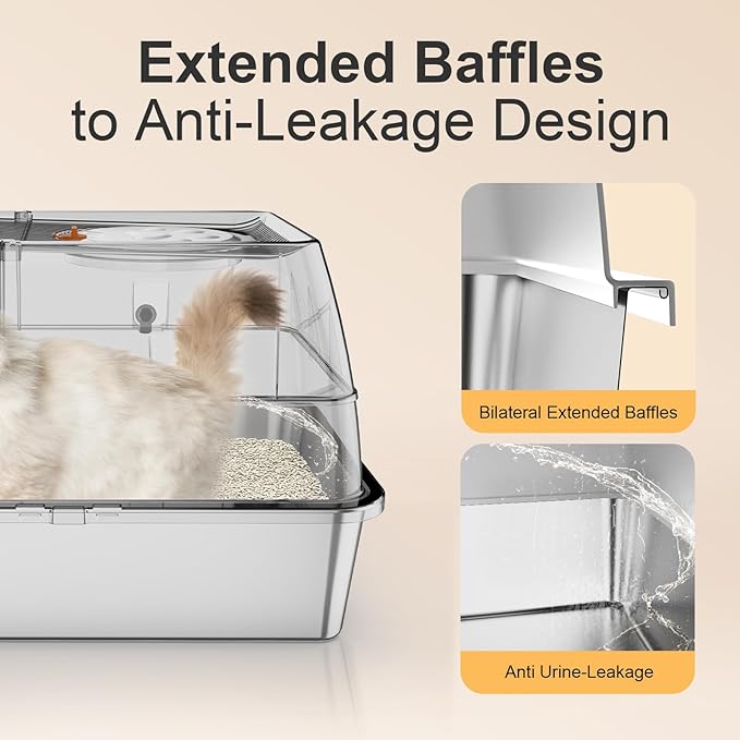 Stainless Steel Cat Litter Box with Lid, XL Extra Large Kitty Litter Box, Enclosed Top Entry Metal Litterbox for Big Cats, Easy Cleaning, Anti-Leakage & High Sided with Mat, Aisle & Scoop Light Grey