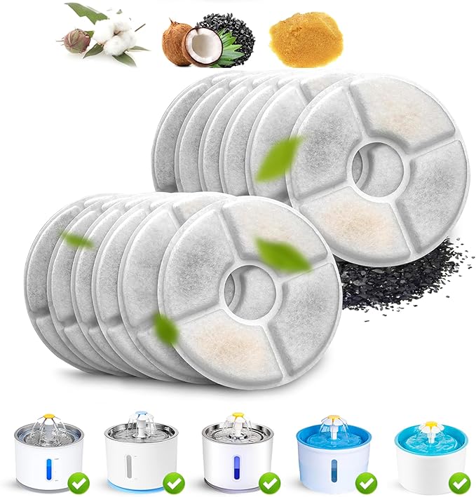 Cat Water Fountain Filter,Cat Fountain Filters Replacement for 81oz/2.4L Automatic Pet Water Dispenser,Cotton Activated Carbon Fountain Filters and Foam Filter (Round 12 pack)