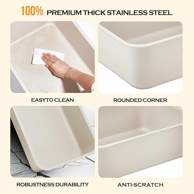 Stainless Steel Cat Litter Box - Metal High Sided Cat Pan, Large Khaki Gray Stainless Steel Box, Indoor Litter Tray, Non Stick, No Smell, Easy to Clean, Pet Toilet Supplies for Kitten, Kitty, Rabbit