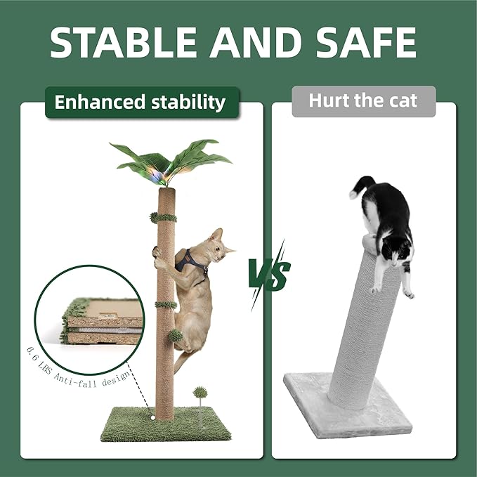 34" LED Cat Scratching Post, Attracts Cats with LED Light, Cat Furniture, Stable Base, Hanging Toy Balls for Large Cats and Kittens, 4 LED Light Settings, Green