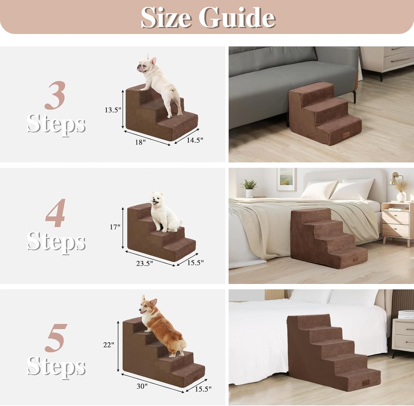 GGIB Dog Stairs for Small Dogs Cats Non-Slip Dog Steps for High Bed Pet Stairs for Sofa Couch Pet Ramp Pet Steps with Removable Washable Cover, Brown, 22" H, 5-Step