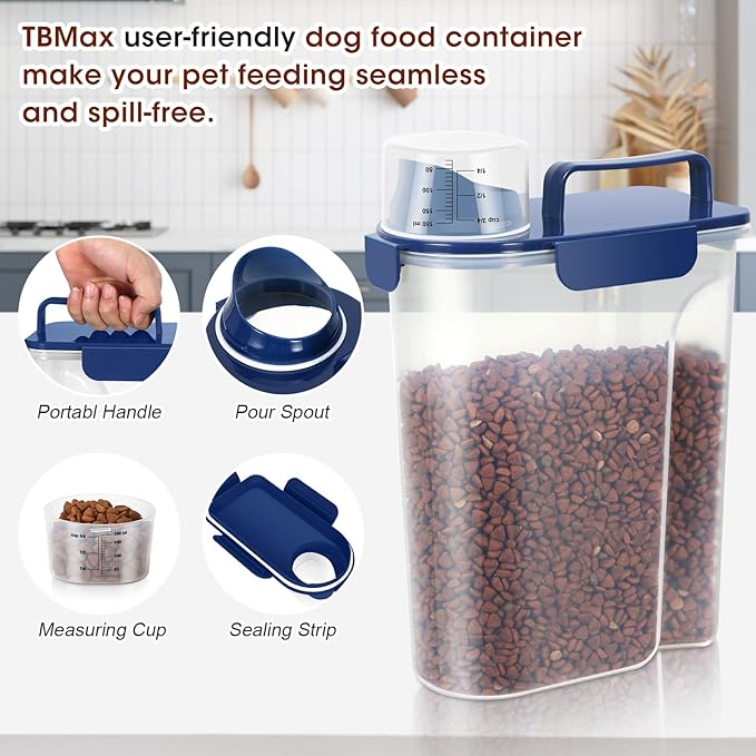 TBMax 2 Pack Cat Dog Food Storage Containers 8 to 10 Lbs, Portable Travel Pet Container Dispenser with Easy-Pouring Spout & Cup, Airtight Bird Seed Container Dog Treat Storage Bin
