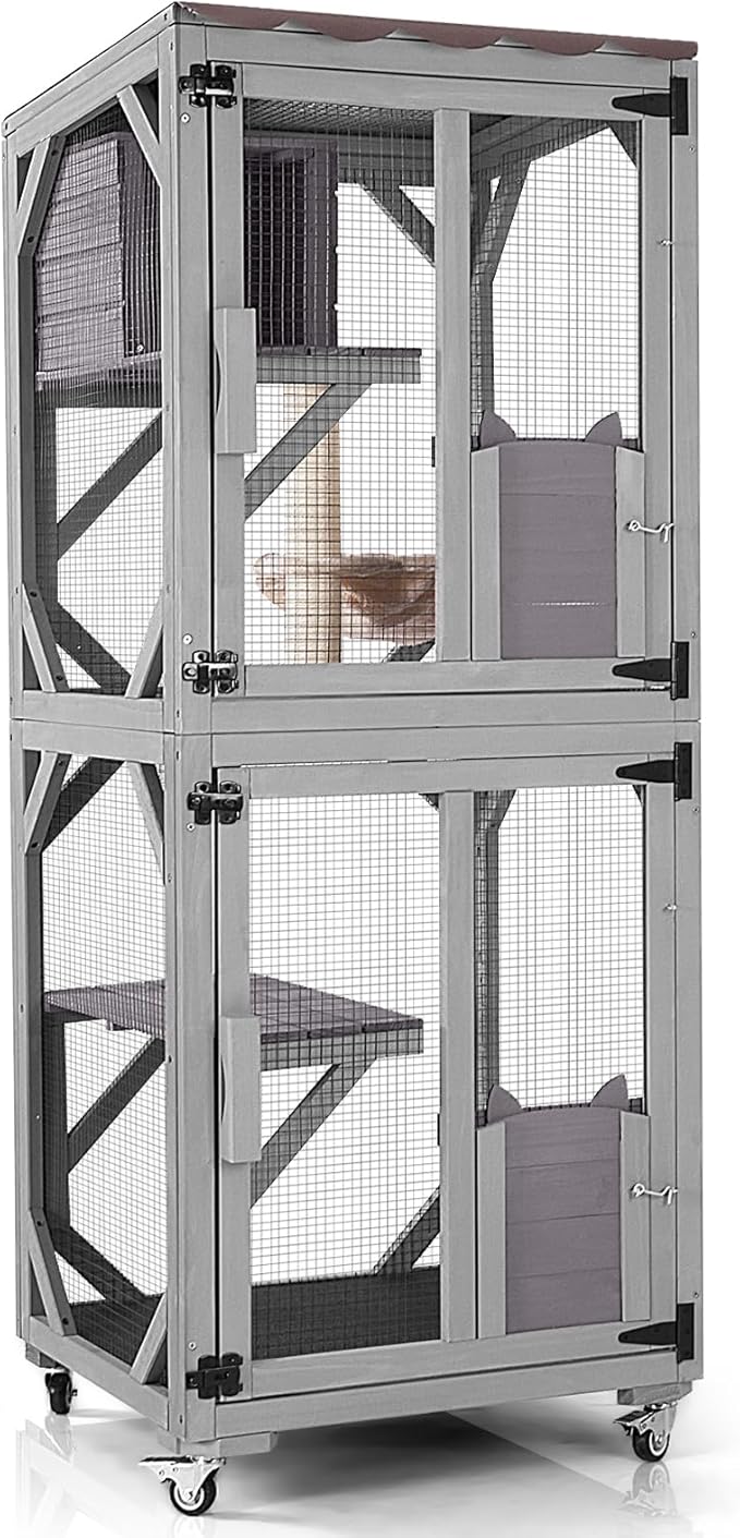 GUTINNEEN Cat House Catio Outdoor Cat Enclosure on Wheels Kitty Shelter with Waterproof Cover,Large Cat Cage with Resting Room,Platforms 62.5"
