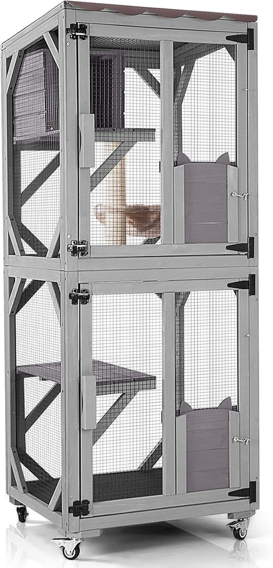 GUTINNEEN Cat House Catio Outdoor Cat Enclosure on Wheels Kitty Shelter with Waterproof Cover,Large Cat Cage with Resting Room,Platforms 62.5"