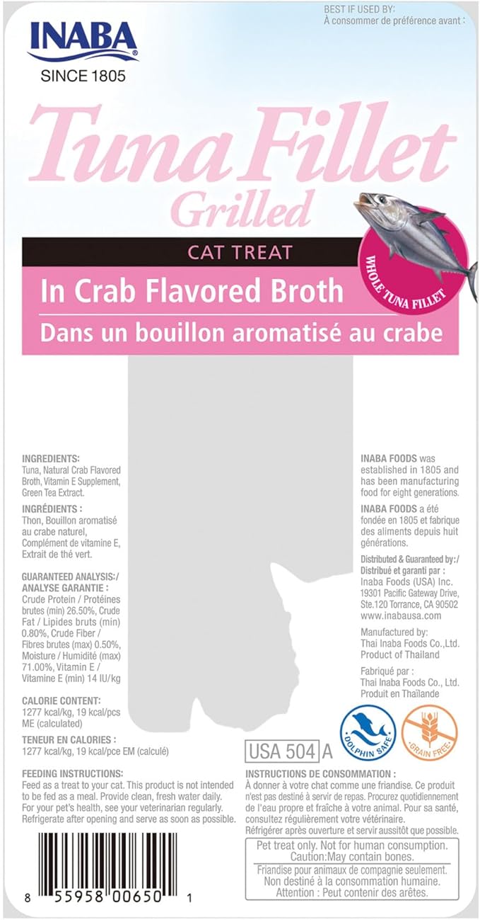 INABA Premium Hand-Cut Grilled Tuna Fillet Cat Treats/Topper with Vitamin E and Green Tea Extract, 0.52 Ounces Each, Pack of 6, Crab Broth