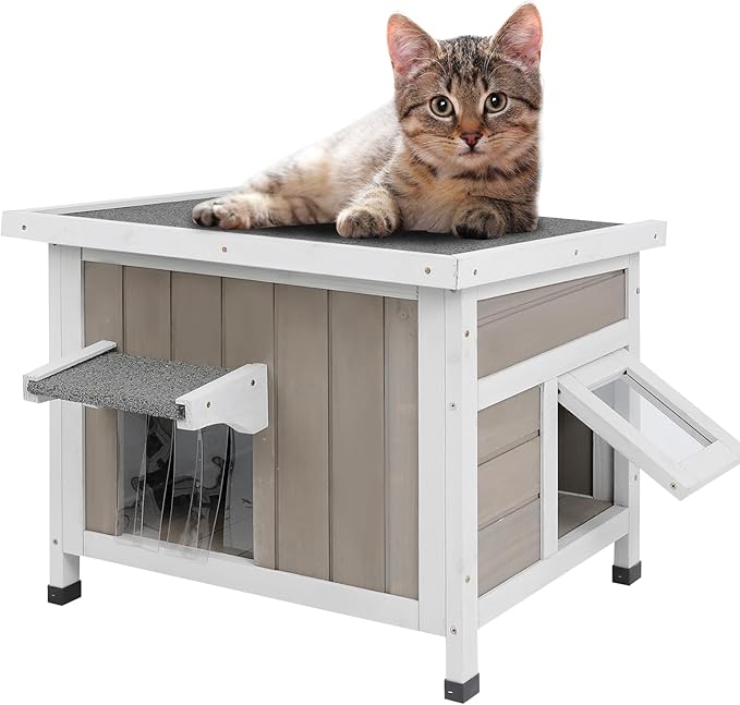 Outdoor Cat House for Feral Cats, Weatherproof Solid Wood Cat Shelter with Open Roof, Easy Assembly Shelter for Outdoor Cats and Small Animals, 22.44"x18.43"x17.52"