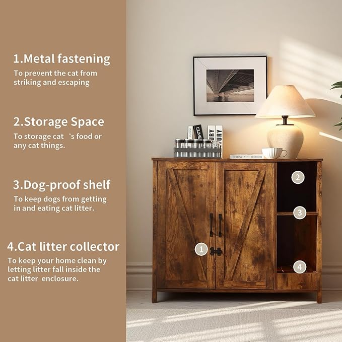 Cat Litter Robot Enclosure with Litter Collector,Cat Litter Cabinet with Dog Proof Adjustable Shelf,for Placing Litter Robot 3/4,Power Outlet (Rustic Brown)