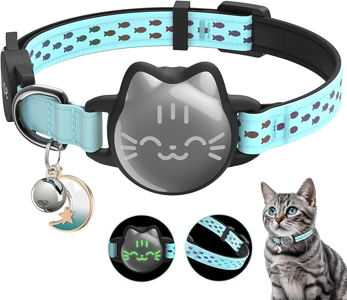 Waterproof Airtag Cat Collar, Breakaway Cat Airtag Collar with Luminous & Reflective Pattern Strap, Lightweight Kitten Collars for Apple Air tag, Hidden Holder for GPS Tracker - Cats, Kittens (9-13")