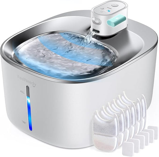 Cordless Cat Water Fountain Battery Operated, FEELNEEDY 4L/135 fl oz Pet Water Fountain for Cats and Dog with Motion Sensor, Ultra Quiet Cat Drinking Fountain with 6 Filters (YPD-C004P), White