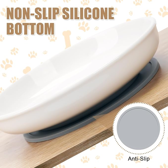 Shallow Ceramic Cat Bowls, 5.9 Inch Wide Cat Dishes Whisker Friendly, 3 Pack Pet Food and Water Plates with Non Slip Mats