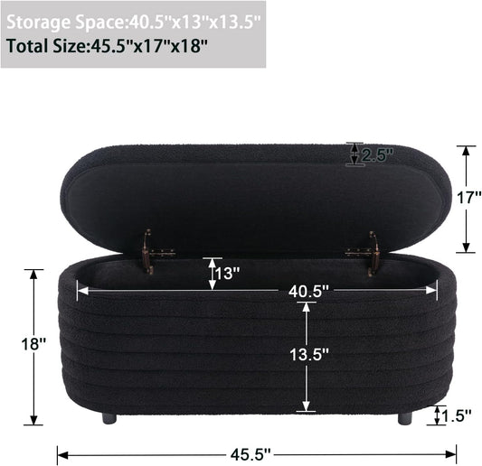 Storage Ottoman Bench Upholstered Fabric Storage Bench End of Bed Stool with Safety Hinge for Bedroom, Living Room, Entryway (45.5-inch, Black)