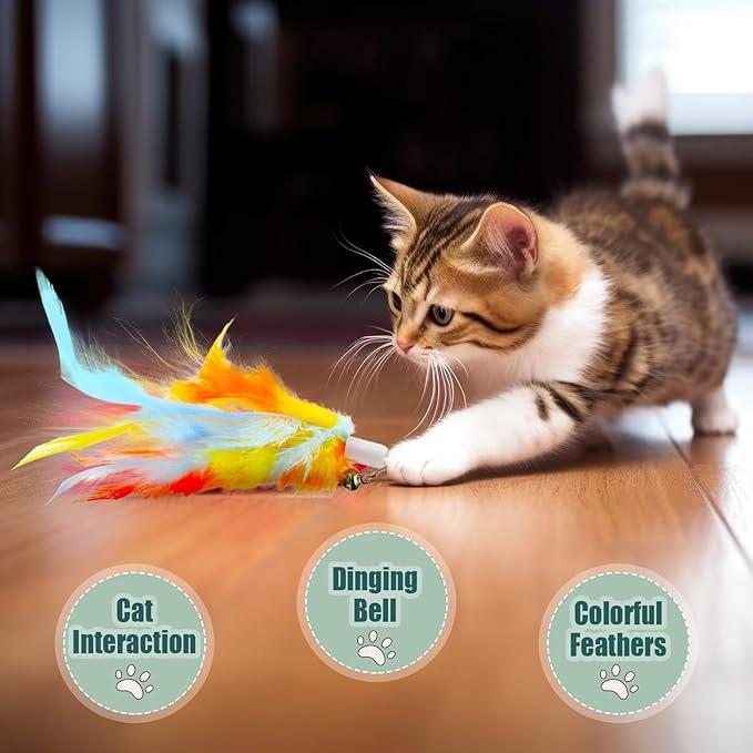 50 Pcs Cat Feather Toys Refill Cat Wand Replacement Feathers with Bells Interactive Pet Wand Attachment Toys