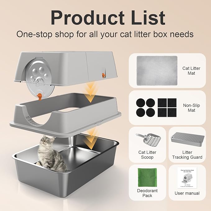 Stainless Steel Cat Litter Box with Lid, XL Extra Large Kitty Litter Box, Enclosed Top Entry Metal Litterbox for Big Cats, Easy Cleaning, Anti-Leakage & High Sided with Mat, Aisle & Scoop Light Grey