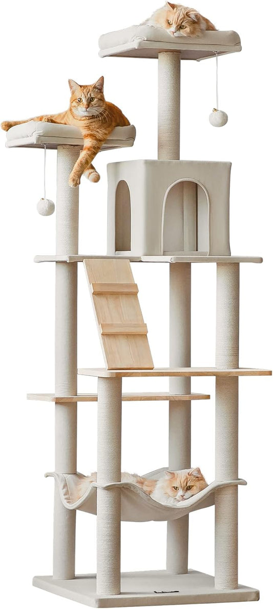 MWPO Large Modern Cat Tree, 70.1-Inch Wood Cat Tower for Indoor Cats, Multi-Level Tall Cat Condo with 2 Padded Perches, Hammock, Scratching Posts, Dangling Toys, Beige