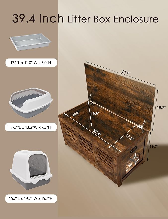 DINZI LVJ Litter Box Enclosure, Flip Top Litter Box Furniture, Hidden Cat Washroom, Wooden Cat House, End Table, 39.4" L x 19.7" W x 19.7" H, Good Ventilation, Easy to Assemble, Rustic Brown