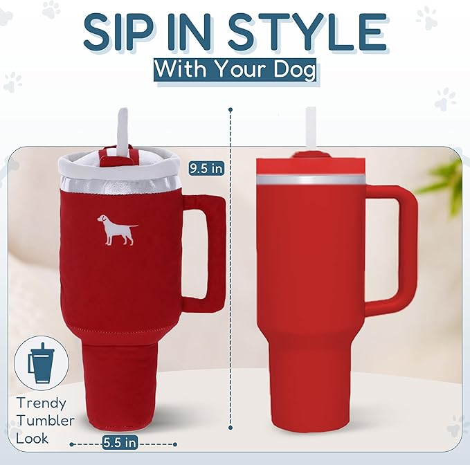Pup Cup Tumbler Dog Toy – Birthday Dog Toy, Funny Squeaky Plush Puppy Gift, Cute Birthday Present (Ruby Red)