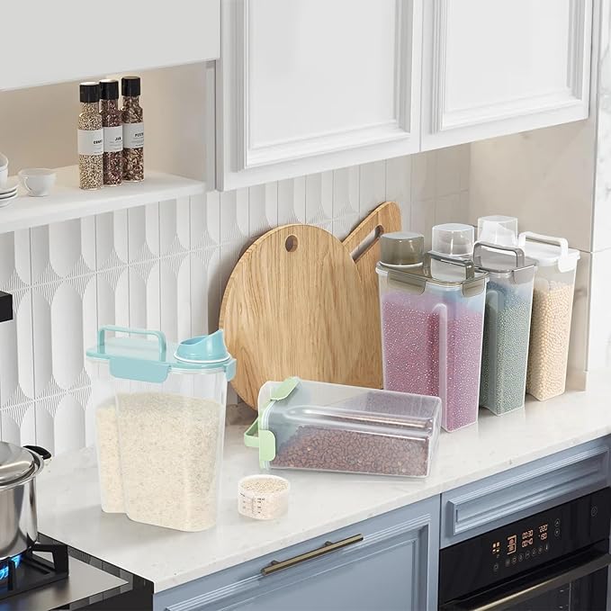 5-7Lbs Cat Dog Storage Container, Portable Pet Food Containers with Upgraded Large Spout and Cup, Small Animal Kibble Dispenser for Bird Seed, Oatmeal, Rice, Flour (2, Sky Blue, 5L)