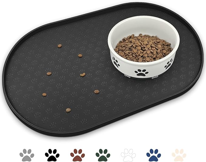 KPWACD Pet Placemat for Dog and Cat, Anti-Slip Waterproof Dogs Feeding Bowl Mat Prevent Food and Water Overflow, Silicone Puppy Dish Mats Suitable for Small Medium Big Pets, Black, 24" * 16"