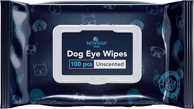 NOVEHA Dog Eye Wipes - Tear Stain Remover for Dogs - Formulated to Remove Eye Debris, Tear Stains & Eye Discharge - Plant Based, Safe, Convenient, and Large Unscented Wipes (100 Count x 1 Package)