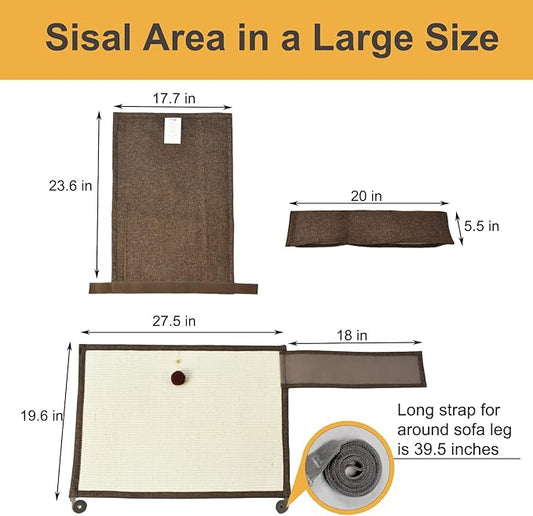 Upgraded Cat Scratch Furniture Protector,Cat Scratch Sofa Arm Sheild with 27.6’‘L*19.6’‘W Natural Sisal and Scratch Ball for Protecting Couch Sofa Chair Furniture (Brown/Right Handed)