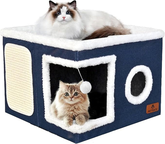 Cat Beds for Indoor Cats - Foldable Cat Hideaway with Hanging Fluffy Ball and Scratch Pad, Large Cat Bed Cave with Reversible Cushion for Multi Small Pet Kitten, Blue