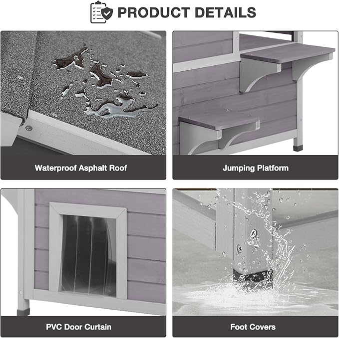 Outdoor Cat House with Large Balcony, Two-Story Cat Shelter with Waterproof Roof and Stairs, Wooden Feral Cat Home with Escape Door