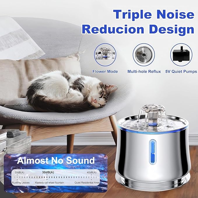 Automatic Pet Water Fountain with Water Level Window, 2.5L Stainless Steel, Ultra-Quiet for Cats & Dogs Comedero Automático Inteligente de 2.5L para Gato y Perro
